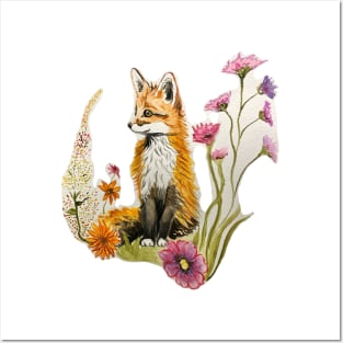 Watercolor Fox and Flowers Posters and Art